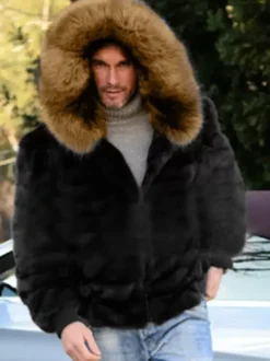 Manteau En Fausse Fourrure Noir Homme Manches Longues Chaud Hiver Col Rabattu Capuche