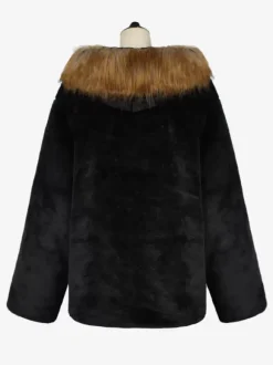 Manteau En Fausse Fourrure Noir Homme Manches Longues Chaud Hiver Col Rabattu Capuche