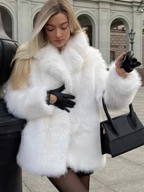Manteau en fausse fourrure à revers crantés blanc Veste d'hiver écologique pour femme 2026