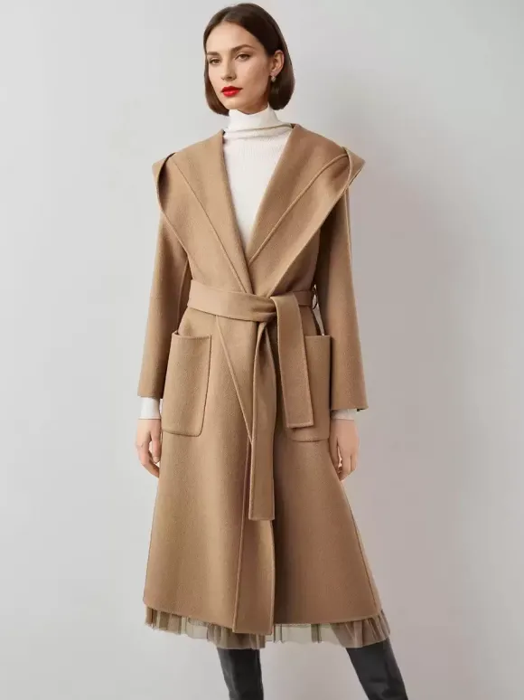 Manteau en laine et cachemire mélangés avec capuche vêtement d'extérieur d'hiver ceinturé double face en chameau pour femme 2026