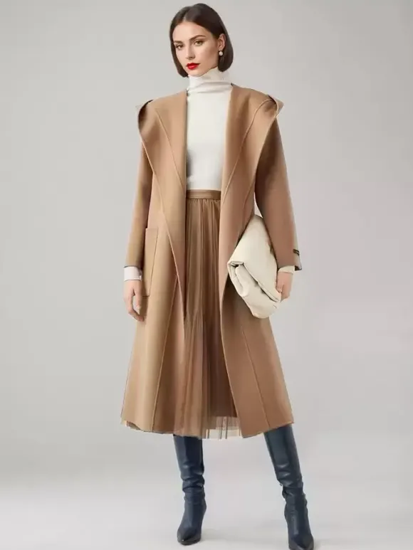 Manteau en laine et cachemire mélangés avec capuche vêtement d'extérieur d'hiver ceinturé double face en chameau pour femme 2026