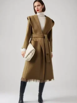 Manteau en laine et cachemire mélangés avec capuche vêtement d'extérieur d'hiver ceinturé double face en chameau pour femme 2026