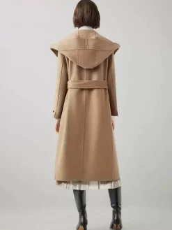 Manteau en laine et cachemire mélangés avec capuche vêtement d'extérieur d'hiver ceinturé double face en chameau pour femme 2026
