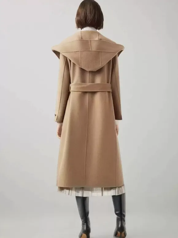 Manteau en laine et cachemire mélangés avec capuche vêtement d'extérieur d'hiver ceinturé double face en chameau pour femme 2026