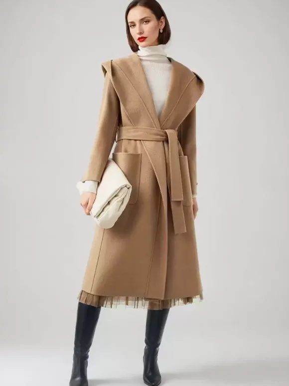 Manteau en laine et cachemire mélangés avec capuche vêtement d'extérieur d'hiver ceinturé double face en chameau pour femme 2026