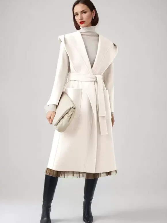 Manteau en laine et cachemire mélangés avec capuche vêtement d'extérieur d'hiver ceinturé double face en chameau pour femme 2026
