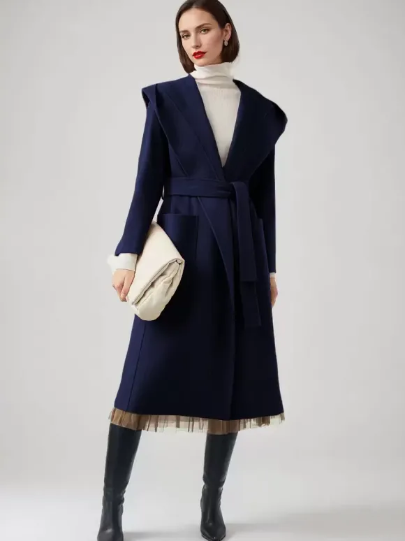 Manteau en laine et cachemire mélangés avec capuche vêtement d'extérieur d'hiver ceinturé double face en chameau pour femme 2026