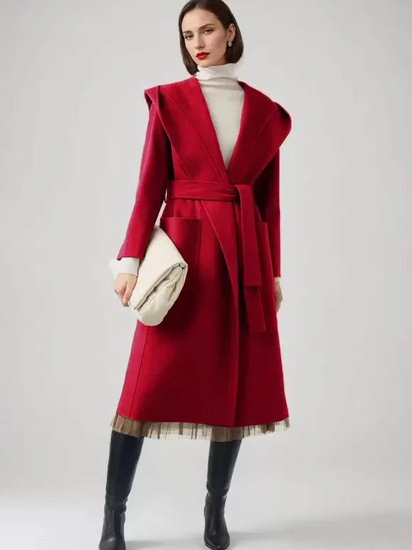 Manteau en laine et cachemire mélangés avec capuche vêtement d'extérieur d'hiver ceinturé double face en chameau pour femme 2026
