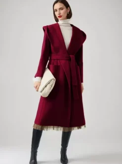 Manteau en laine et cachemire mélangés avec capuche vêtement d'extérieur d'hiver ceinturé double face en chameau pour femme 2026