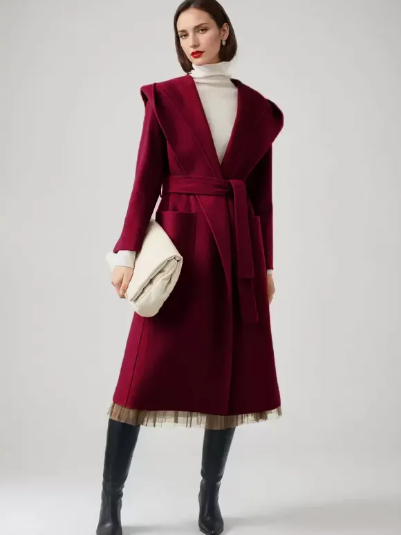 Manteau en laine et cachemire mélangés avec capuche vêtement d'extérieur d'hiver ceinturé double face en chameau pour femme 2026
