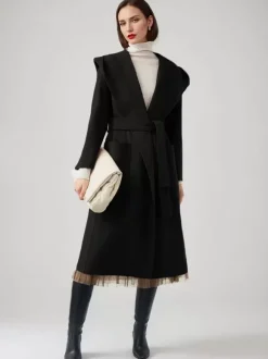 Manteau en laine et cachemire mélangés avec capuche vêtement d'extérieur d'hiver ceinturé double face en chameau pour femme 2026