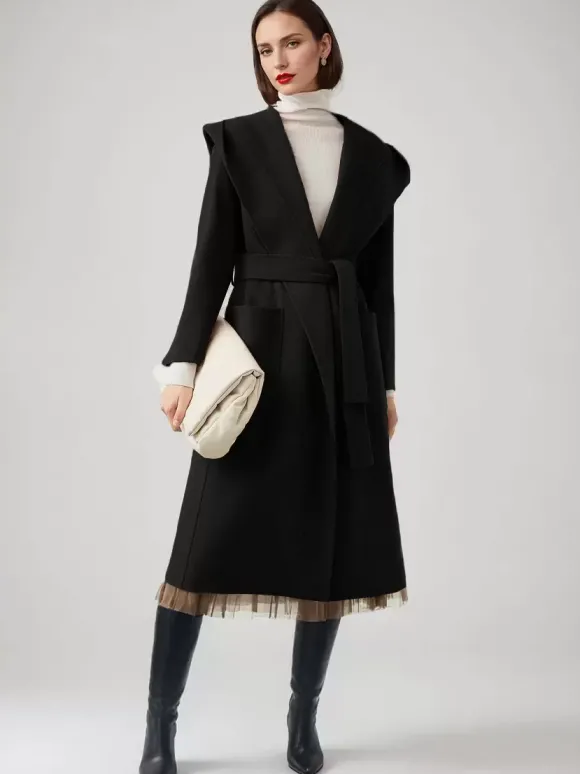 Manteau en laine et cachemire mélangés avec capuche vêtement d'extérieur d'hiver ceinturé double face en chameau pour femme 2026
