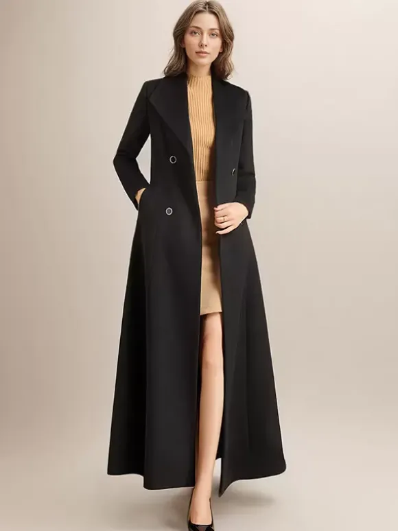 Manteau en laine maxi pour femme croisé grand revers ceinture ligne A pleine longueur vêtements d'extérieur d'hiver 2026