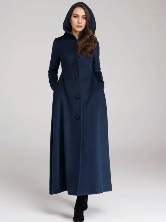 Manteau en laine mélangée avec capuche bleu marine foncé coupe trapèze évasé maxi vêtements d'extérieur pour femmes 2026