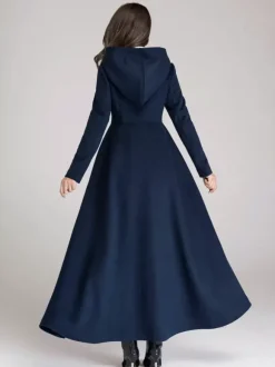 Manteau en laine mélangée avec capuche bleu marine foncé coupe trapèze évasé maxi vêtements d'extérieur pour femmes 2026