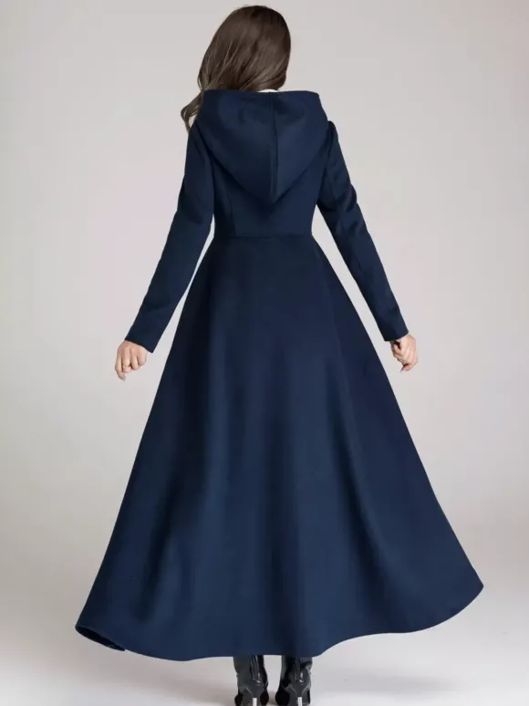 Manteau en laine mélangée avec capuche bleu marine foncé coupe trapèze évasé maxi vêtements d'extérieur pour femmes 2026