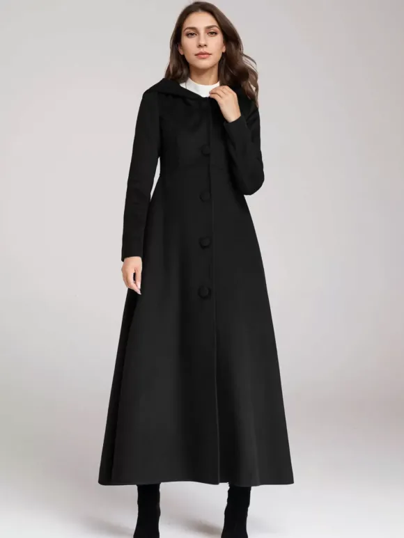Manteau en laine mélangée avec capuche bleu marine foncé coupe trapèze évasé maxi vêtements d'extérieur pour femmes 2026