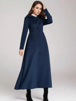 Manteau en laine mélangée avec capuche bleu marine foncé coupe trapèze évasé maxi vêtements d'extérieur pour femmes 2026