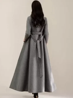Manteau en laine mélangée grise pour femme ceinture à revers croisé chic pleine longueur vêtements d'extérieur 2026