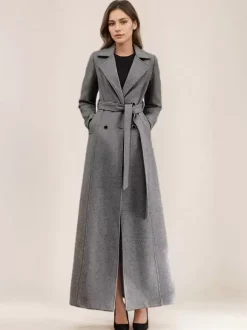 Manteau en laine mélangée grise pour femme ceinture à revers croisé chic pleine longueur vêtements d'extérieur 2026