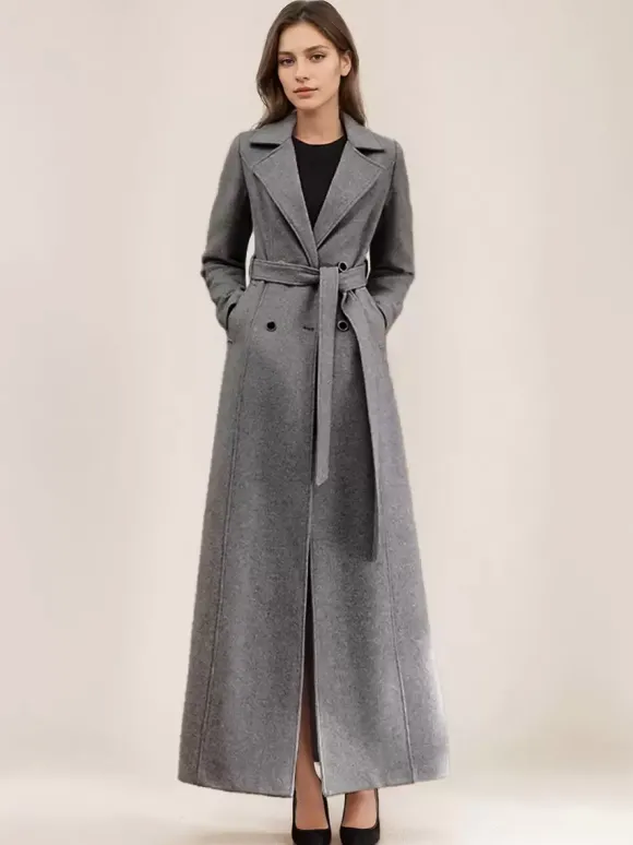 Manteau en laine mélangée grise pour femme ceinture à revers croisé chic pleine longueur vêtements d'extérieur 2026