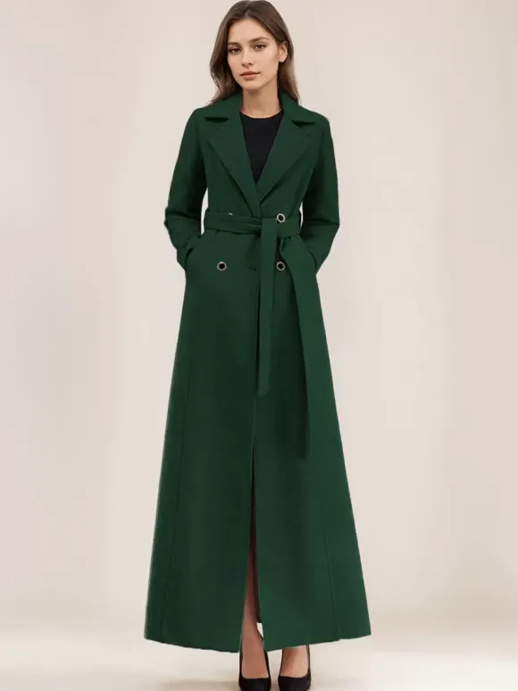 Manteau en laine mélangée grise pour femme ceinture à revers croisé chic pleine longueur vêtements d'extérieur 2026