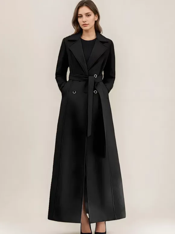 Manteau en laine mélangée grise pour femme ceinture à revers croisé chic pleine longueur vêtements d'extérieur 2026