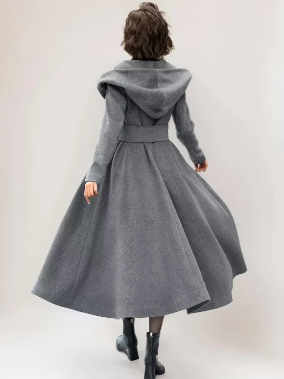 Manteau en laine évasé pour femme à capuche gris ceinturé coupe trapèze hiver long vêtements d'extérieur 2026