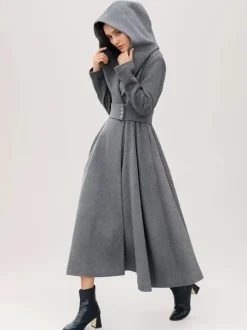 Manteau en laine évasé pour femme à capuche gris ceinturé coupe trapèze hiver long vêtements d'extérieur 2026
