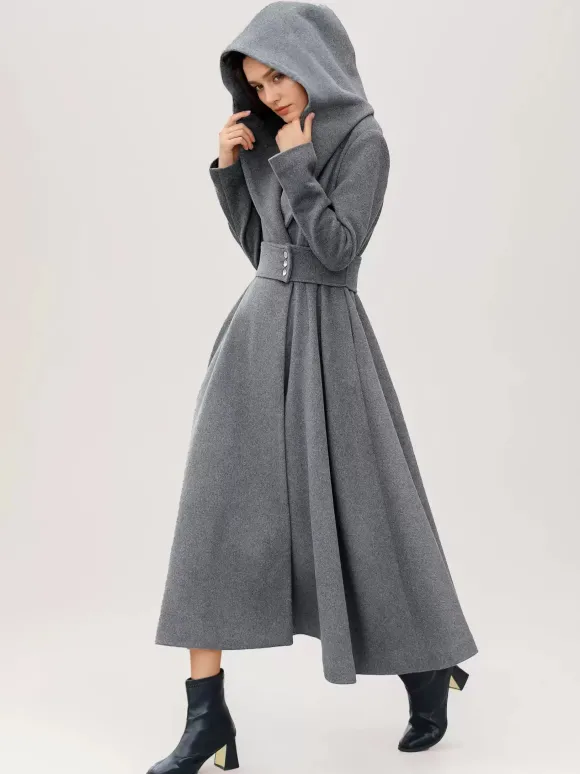 Manteau en laine évasé pour femme à capuche gris ceinturé coupe trapèze hiver long vêtements d'extérieur 2026