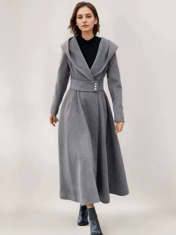 Manteau en laine évasé pour femme à capuche gris ceinturé coupe trapèze hiver long vêtements d'extérieur 2026