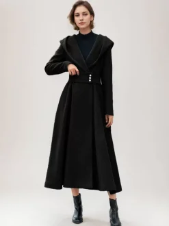 Manteau en laine évasé pour femme à capuche gris ceinturé coupe trapèze hiver long vêtements d'extérieur 2026