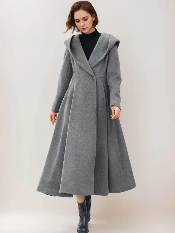 Manteau en laine évasé pour femme à capuche gris ceinturé coupe trapèze hiver long vêtements d'extérieur 2026