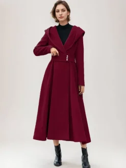 Manteau en laine évasé pour femme à capuche gris ceinturé coupe trapèze hiver long vêtements d'extérieur 2026