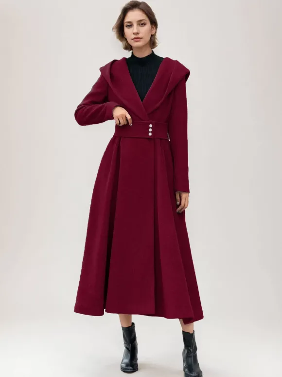 Manteau en laine évasé pour femme à capuche gris ceinturé coupe trapèze hiver long vêtements d'extérieur 2026