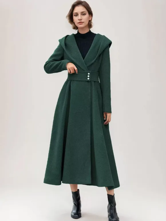Manteau en laine évasé pour femme à capuche gris ceinturé coupe trapèze hiver long vêtements d'extérieur 2026
