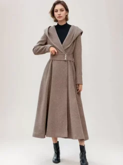 Manteau en laine évasé pour femme à capuche gris ceinturé coupe trapèze hiver long vêtements d'extérieur 2026