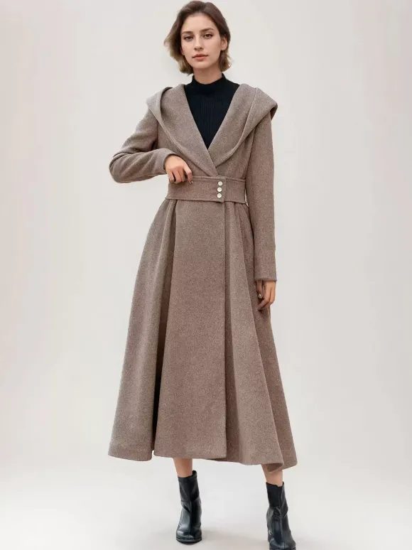 Manteau en laine évasé pour femme à capuche gris ceinturé coupe trapèze hiver long vêtements d'extérieur 2026