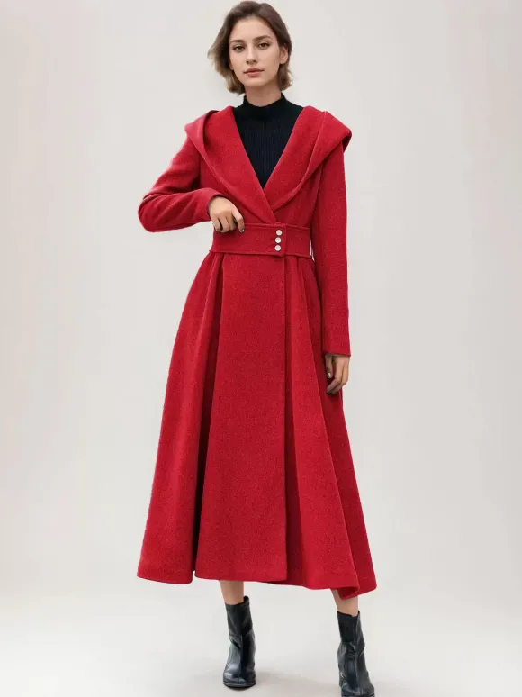 Manteau en laine évasé pour femme à capuche gris ceinturé coupe trapèze hiver long vêtements d'extérieur 2026