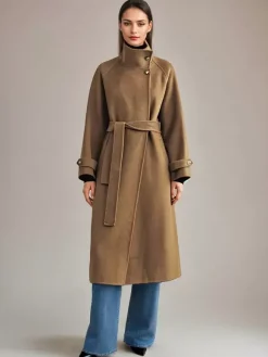 Manteau en mélange de laine et de cachemire blanc à col montant et ceinture double face pour femme vêtement d'hiver 2026