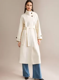 Manteau en mélange de laine et de cachemire blanc à col montant et ceinture double face pour femme vêtement d'hiver 2026