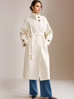 Manteau en mélange de laine et de cachemire blanc à col montant et ceinture double face pour femme vêtement d'hiver 2026