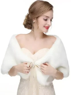Manteau Fausse Fourrure Cape de Mariage Femme Veste Unicolore à Col V à Lacets