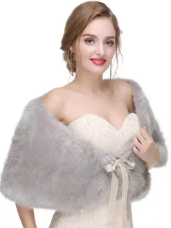 Manteau Fausse Fourrure Cape de Mariage Femme Veste Unicolore à Col V à Lacets