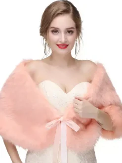Manteau Fausse Fourrure Cape de Mariage Femme Veste Unicolore à Col V à Lacets