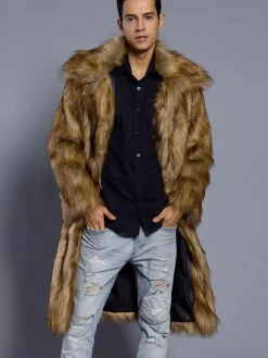 Manteau Fausse Fourrure Marron Manteau Manches Longues Col Rabattu Hiver Homme