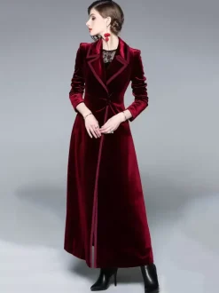 Manteau Femme Long Hiver Moulant en Satin à Col Revers avec Manches Longues Coupe Cintrée avec Boutons avec Poches Unicolore