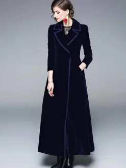Manteau Femme Long Hiver Moulant en Satin à Col Revers avec Manches Longues Coupe Cintrée avec Boutons avec Poches Unicolore