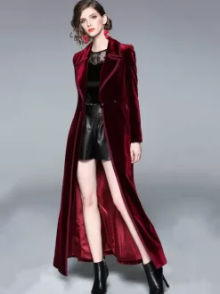 Manteau Femme Long Hiver Moulant en Satin à Col Revers avec Manches Longues Coupe Cintrée avec Boutons avec Poches Unicolore