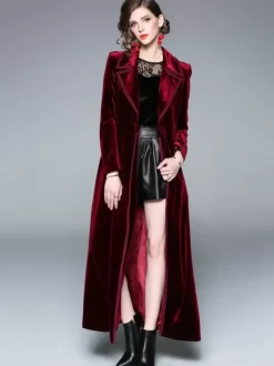 Manteau Femme Long Hiver Moulant en Satin à Col Revers avec Manches Longues Coupe Cintrée avec Boutons avec Poches Unicolore